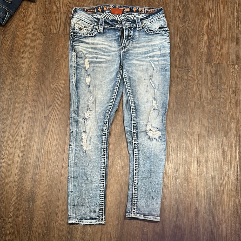 Rock revival (Cambria)Blue Skinny Distressed Jeans with Tapered Leg